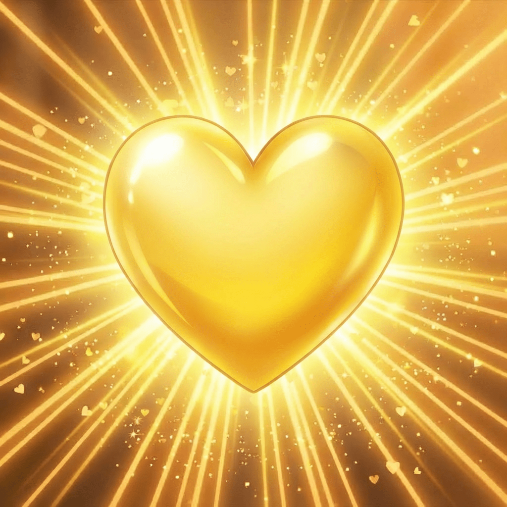 A stylized pink anatomical heart emitting bright golden rays and surrounded by small floating hearts.