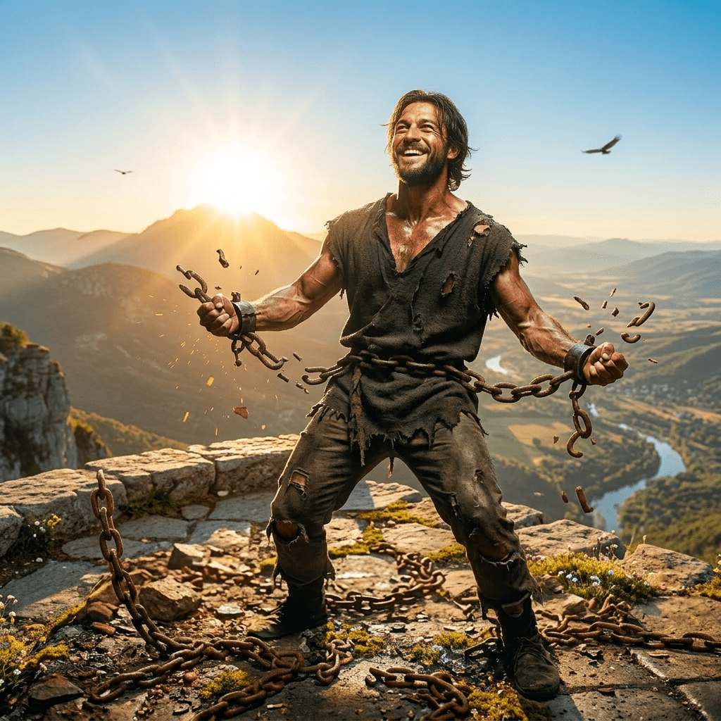 Man breaking rusty chains inside a dark stone dungeon cell