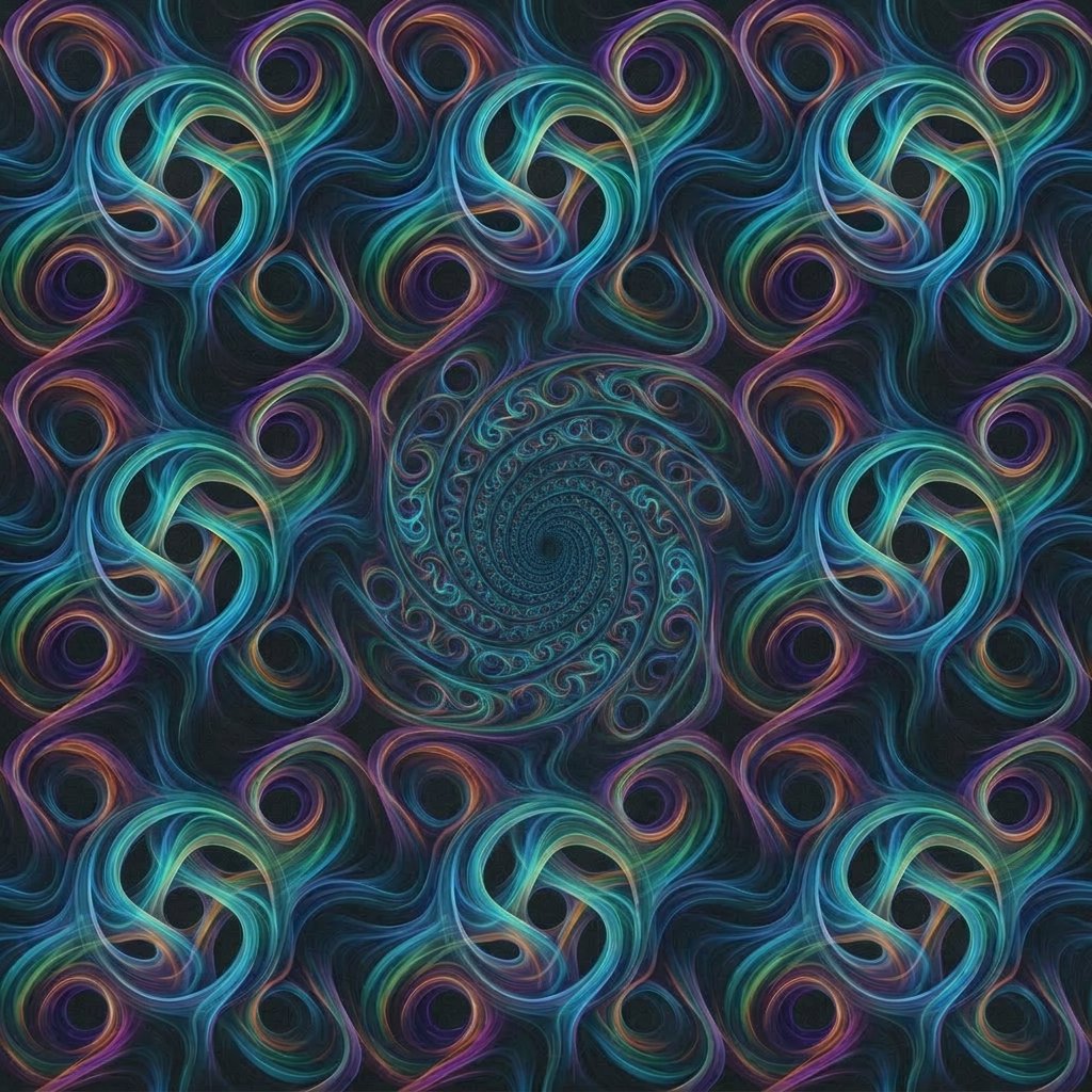 Colorful swirling abstract pattern with blue, green, purple, and orange ribbons on a dark background