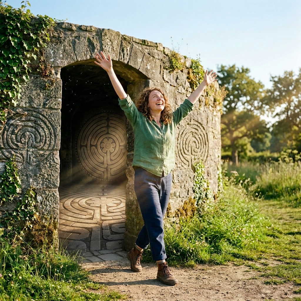 Woman walking through old stone archway with arms raised in joy