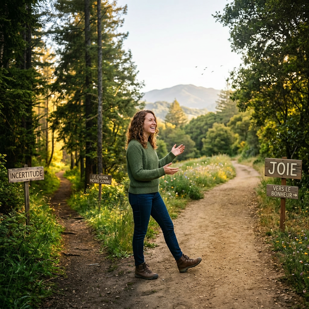 Woman standing at forest fork between paths labeled Uncertainty and Joy