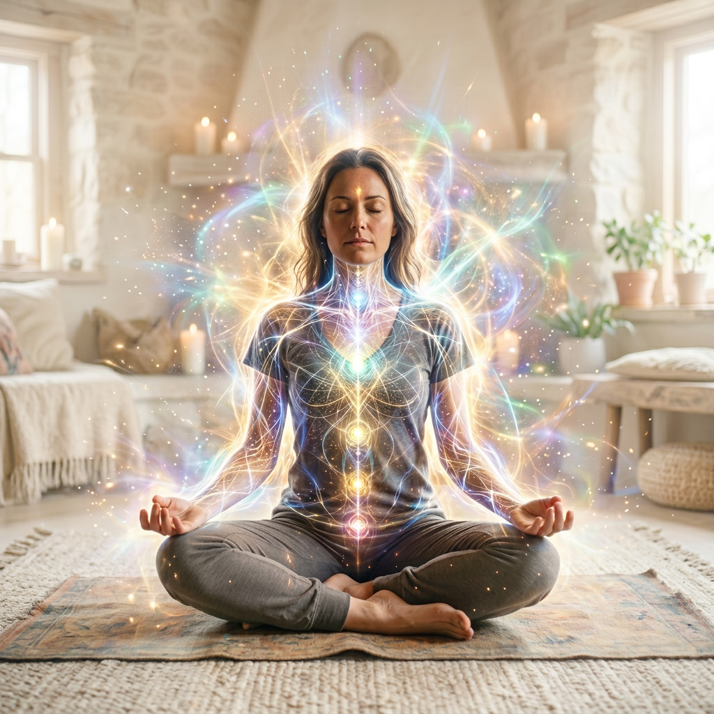 Woman sitting cross-legged meditating with colorful chakra energy lights surrounding her